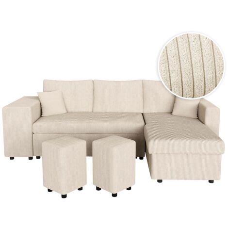 Loungitude – Canapé d'angle réversible convertible – Velours côtelé beige – 5 places – Coffre de rangement – 2 poufs à gauche (1/5)