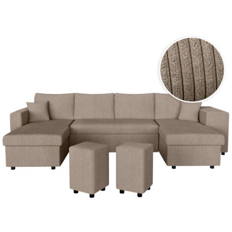 Canapé panoramique OSLO convertible avec 2 coffres, 2 poufs à droite en velours côtelé taupe (1/5)