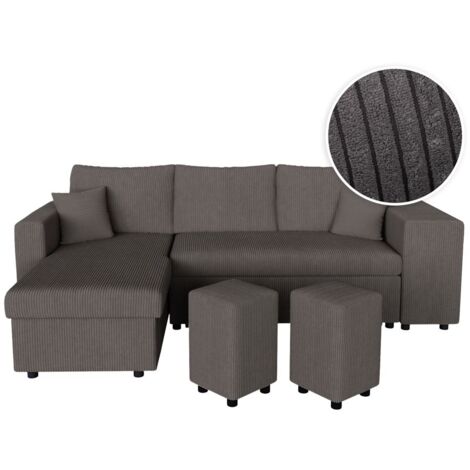 Canapé d'angle réversible convertible OSLO avec coffre 2 poufs à droite en velours côtelé gris foncé (1/5)