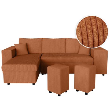 Canapé d'angle réversible MADY avec coffre, rangement poufs à droite en velours côtelé terracotta (1/5)