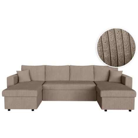 Loungitude – Canapé d'angle panoramique convertible 6 places en velours côtelé – 2 coffres de rangement – Couleur taupe – Système tiroir lit (1/5)