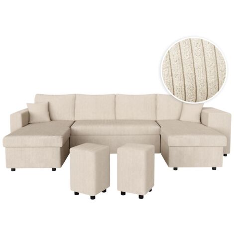 Loungitude – Canapé panoramique convertible 6 places – 2 coffres de rangement – 2 poufs dissimulés – Revêtement en velours côtelé beige (1/5)