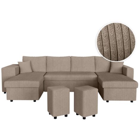 Canapé panoramique OSLO convertible avec 2 coffres, 2 poufs à gauche en velours côtelé taupe (1/5)