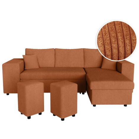 Canapé d'angle réversible MADY avec coffre, rangement poufs à gauche en velours côtelé terracotta (1/5)