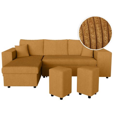 Canapé d'angle réversible MADY avec coffre, rangement poufs à droite en velours côtelé jaune (1/5)