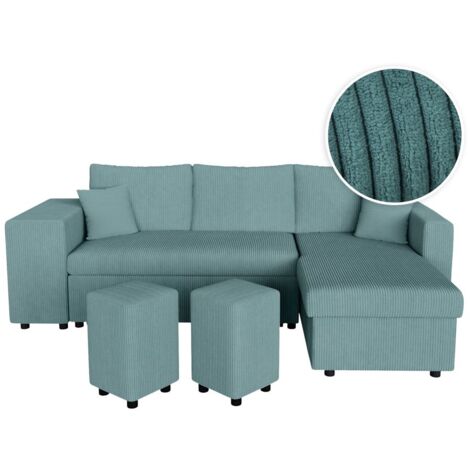 Canapé d'angle réversible convertible OSLO avec coffre, 2 poufs à gauche en velours côtelé bleu (1/5)