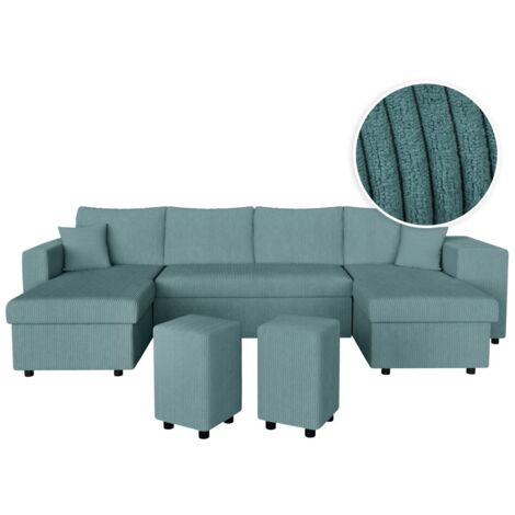 Canapé panoramique OSLO convertible avec 2 coffres, 2 poufs à droite en velours côtelé bleu clair (1/5)