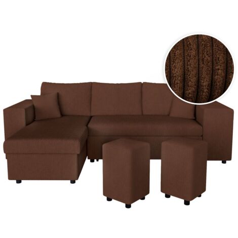 Canapé d'angle réversible MADY avec coffre, rangement poufs à droite en velours côtelé marron (1/5)