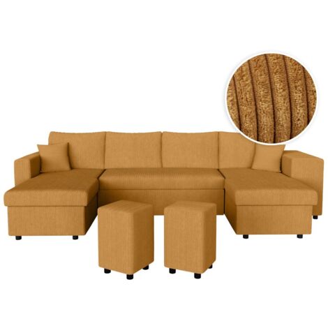 Canapé panoramique OSLO convertible avec 2 coffres, 2 poufs à droite en velours côtelé jaune (1/5)