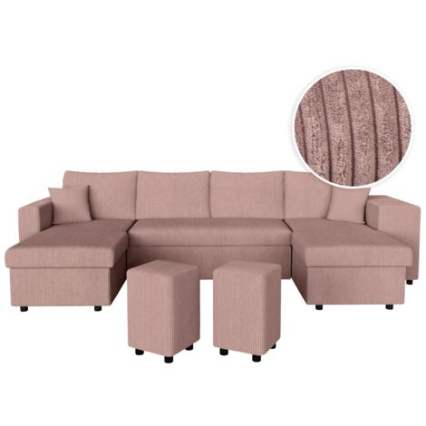 Canapé panoramique OSLO convertible avec 2 coffres, 2 poufs à droite en velours côtelé rose (1/5)