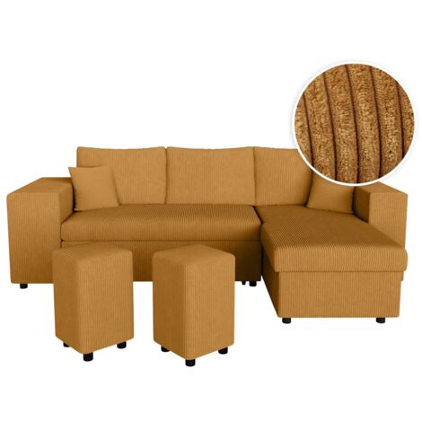 Canapé d'angle réversible MADY avec coffre, rangement poufs à gauche en velours côtelé jaune (1/5)