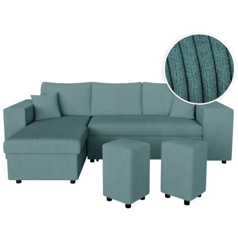 Canapé d'angle réversible MADY avec coffre, rangement poufs à droite en velours côtelé bleu clair (1/5)