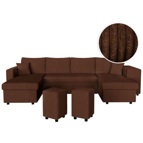 Canapé panoramique OSLO convertible avec 2 coffres, 2 poufs à droite en velours côtelé marron (1/5)