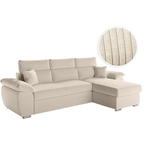 Canapé KOMECO d'angle reversible convertible avec coffre et têtières en velours côtelé - Beige