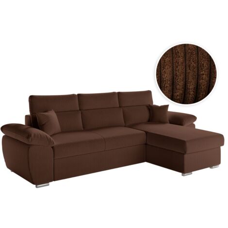Canapé KOMECO d'angle reversible convertible avec coffre et têtières en velours côtelé - Marron (1/5)