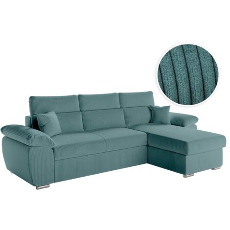 Canapé KOMECO d'angle reversible convertible avec coffre et têtières en velours côtelé - Bleu clair (1/5)