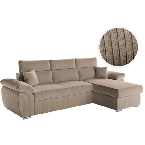 Loungitude – Canapé d'angle réversible convertible avec coffre et têtières réglables en velours côtelé – Taupe – Assise moelleuse et entretien facile (1/5)
