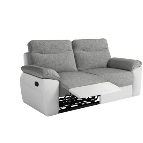 Canapé de relaxation manuel ROSS 3 places en tissu et simili - Blanc/Gris (1/5)