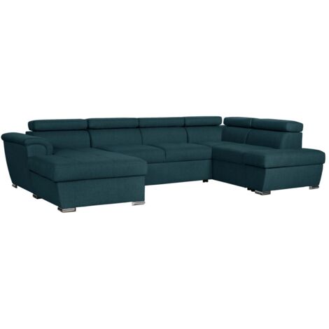 Loungitude – Canapé panoramique convertible en tissu – 2 coffres de rangement – Grand confort – Bleu moderne – Idéal pour salon contemporain (1/5)