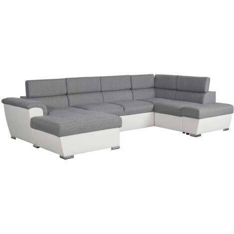 Canapé panoramique convertible avec 2 coffres PAOLA en tissu et simili - Blanc/Gris (1/5)