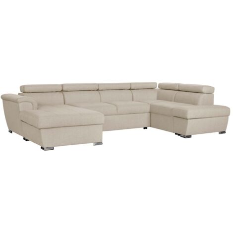 Loungitude – Canapé d'angle panoramique convertible en tissu beige – 2 coffres de rangement – Confort moderne et convivial – Dimensions généreuses