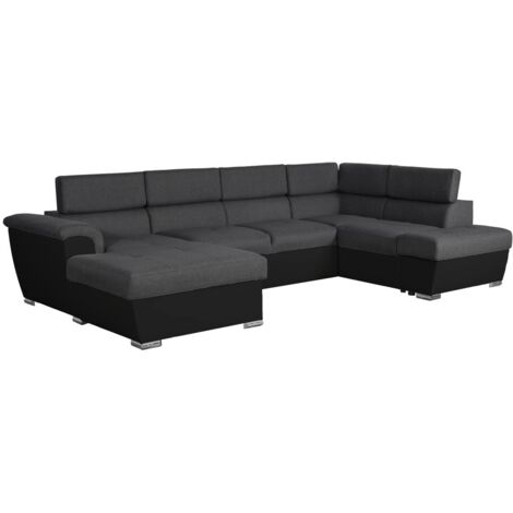Loungitude – Canapé d'angle panoramique convertible – 2 coffres de rangement – Revêtement tissu et simili – Gris/Noir – Confort optimal avec grande méridienne (1/5)