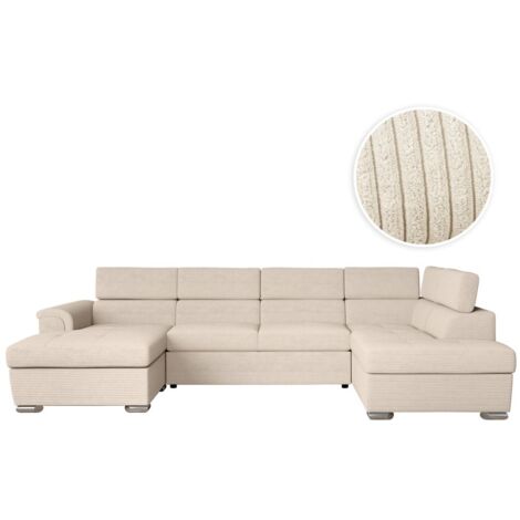 Loungitude – Canapé panoramique convertible en velours côtelé beige – 2 coffres de rangement – Grand confort – Dimensions généreuses pour salon moderne (1/5)