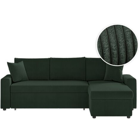 Loungitude – Canapé d'angle convertible 3 places réversible avec coffre de rangement – Velours côtelé vert foncé – Confort optimal pour votre salon (1/5)