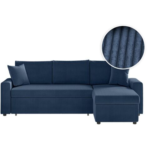 Loungitude – Canapé d'angle convertible 3 places réversible – Velours côtelé bleu foncé – Grand coffre de rangement – Confort optimal pour invités (1/5)