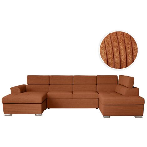 Loungitude – Canapé panoramique 6 places convertible en velours côtelé – 2 coffres de rangement – Couleur terracotta – Confort optimal pour salon moderne (1/5)