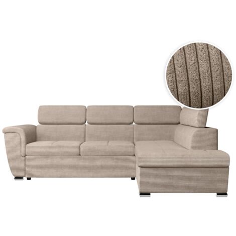 Loungitude – Canapé d'angle convertible 4 places avec coffre en velours côtelé – Angle droit – Têtières réglables – Taupe (1/5)