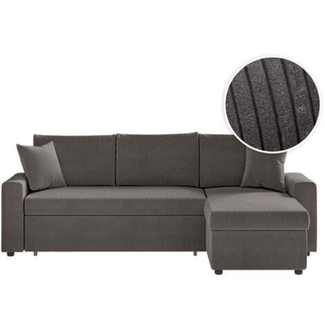 Loungitude – Canapé d'angle convertible réversible en velours côtelé – Grand coffre de rangement – Confort optimal pour invités – Gris foncé (1/5)