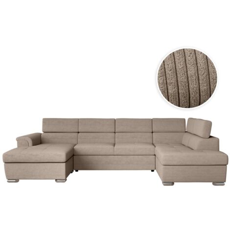 Loungitude – Canapé panoramique 6 places convertible en velours côtelé – 2 coffres de rangement – Taupe – Confort optimal pour salon moderne (1/5)