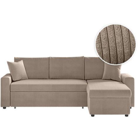 Loungitude – Canapé d'angle convertible réversible en velours côtelé – Tiroir de rangement – Confort optimal – Couleur taupe (1/5)