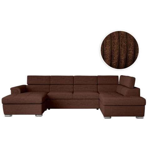 Loungitude – Canapé panoramique 6 places convertible en velours côtelé – 2 coffres de rangement – Marron – Confort optimal pour salon moderne (1/5)