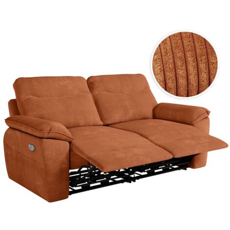 Loungitude – Canapé relax électrique 3 places en velours côtelé terracotta – Longueur 200 cm – Prise USB intégrée pour confort moderne