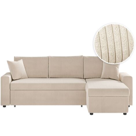 Loungitude – Canapé d'angle réversible convertible en velours côtelé – Coffre de rangement intégré – Angle adaptable – Ecru (1/5)