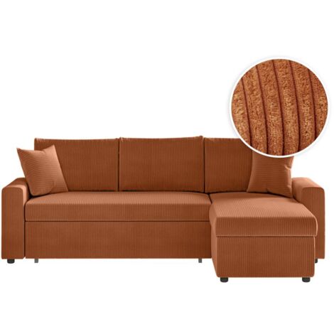 Loungitude – Canapé d'angle convertible réversible en velours côtelé – Grand coffre de rangement – Couleur terracotta – Confort optimal pour salon