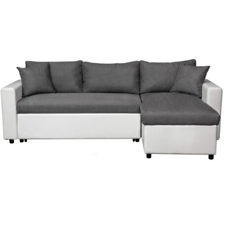 Canapé d'angle 4 places Convertible et Réversible MARIA en simili et microfibre - Blanc/Gris (1/5)