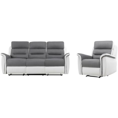 Loungitude – Canapé relax 3 places – Fauteuil en PU blanc et microfibre gris – Ultra confortable et moderne – Facile d'entretien
