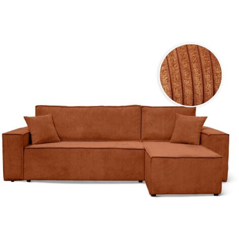 Loungitude – Canapé d'angle convertible réversible 4 places en velours côtelé – Dossier basculant – Coffre de rangement – Terracotta (1/5)