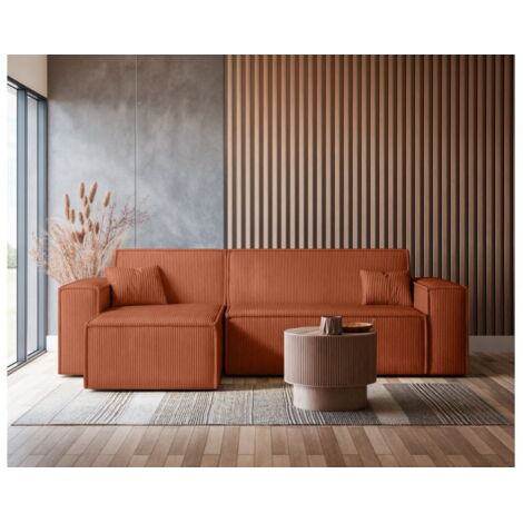 Canapé D'angle Farah Max Convertible 5 Places En Velours Côtelé - Réversible Avec Coffre De Rangement Et Lit D'appoint - Confort Spacieux Pour Salon Familial