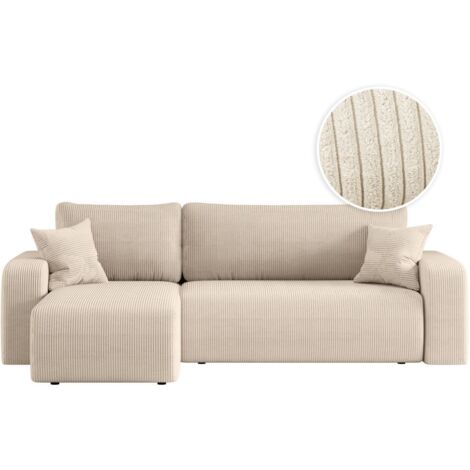 Loungitude – Canapé d'angle convertible 4 places en velours côtelé – Angle réversible – Rangement intégré – Beige (1/5)