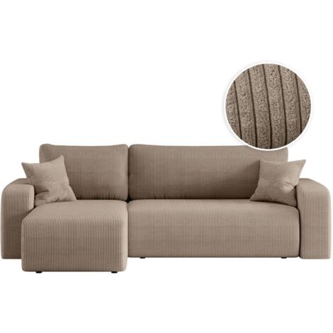 Loungitude – Canapé d'angle convertible 4 places en velours côtelé – Angle réversible – Rangement intégré – Lit d'appoint confortable – Taupe (1/5)