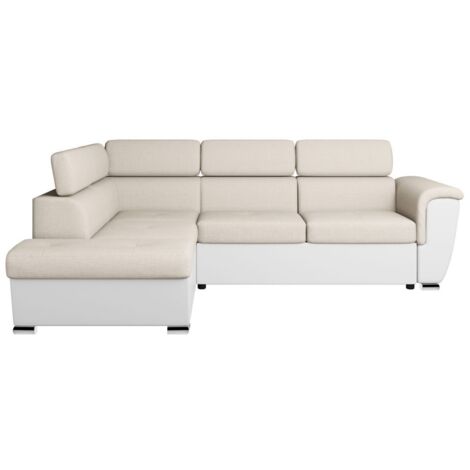 Canapé d'angle gauche PAOLA convertible 4 places tissu Easy Clean antitache et simili - Beige/Blanc (1/5)