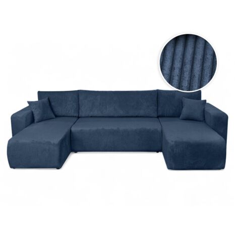 Canapé d'angle ALYA panoramique convertible 6 places en velours cotelé - Bleu (1/5)