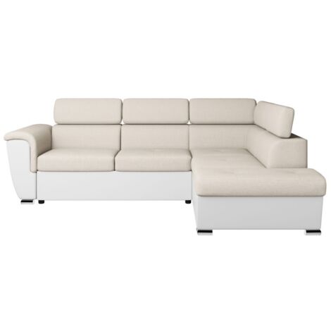 Canapé d'angle droit PAOLA convertible 4 places tissu Easy Clean antitache et simili - Beige/Blanc (1/5)