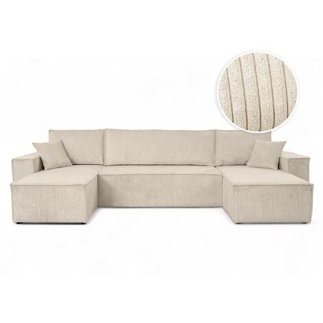 Loungitude – Canapé d'angle panoramique convertible 6 places en velours côtelé – Grand lit intégré – Coffre de rangement – Beige (1/5)