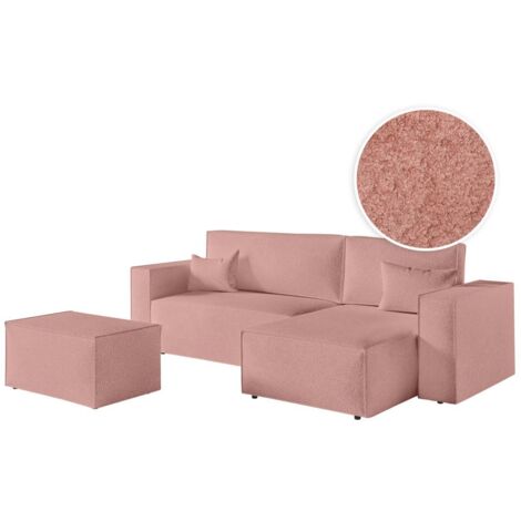 PACK - CLARISSE - Canapé d'angle convertible réversible avec pouf en tissu bouclette - Rose (1/5)