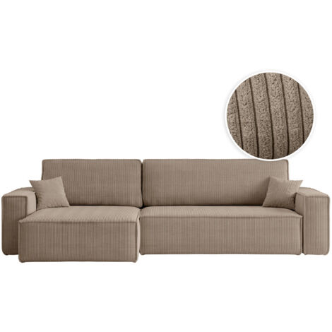 Loungitude – Canapé d'angle convertible 5 places – Réversible avec coffre de rangement – Velours côtelé taupe – Idéal pour grands salons (1/5)
